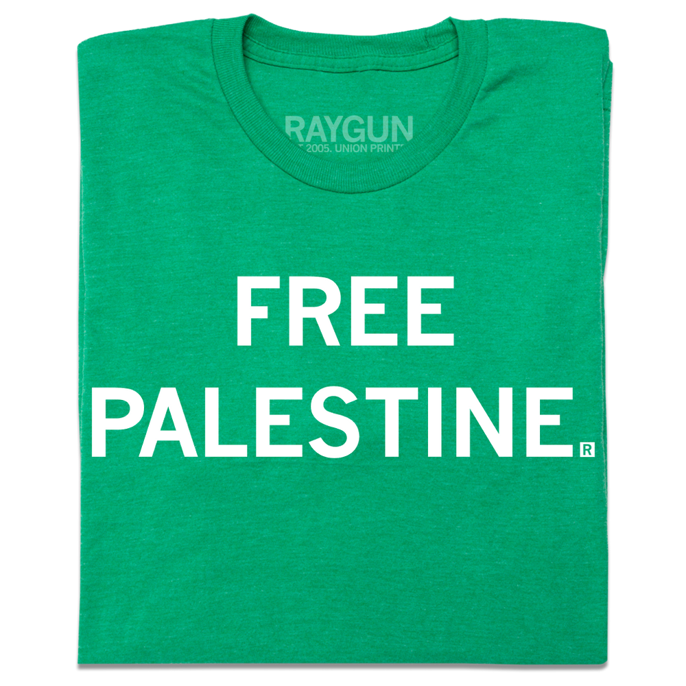 A folded heather kelly green t-shirt with centered white text that says, "FREE PALESTINE."