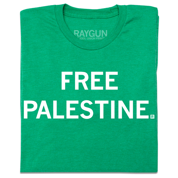 A folded heather kelly green t-shirt with centered white text that says, 