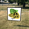 A 12-inch by 12-inch square yard sign on a lawn, featuring a black-and-white illustration of an American Toad over green and yellow shapes.