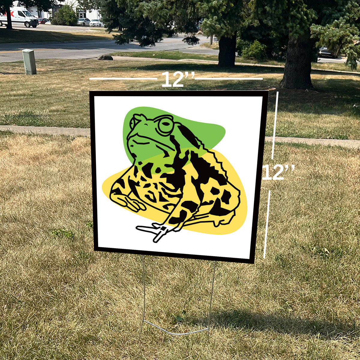 A 12-inch by 12-inch square yard sign on a lawn, featuring a black-and-white illustration of an American Toad over green and yellow shapes.