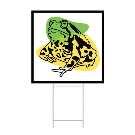 Yard sign featuring a stylized graphic of an American Toad against abstract green and yellow shapes.