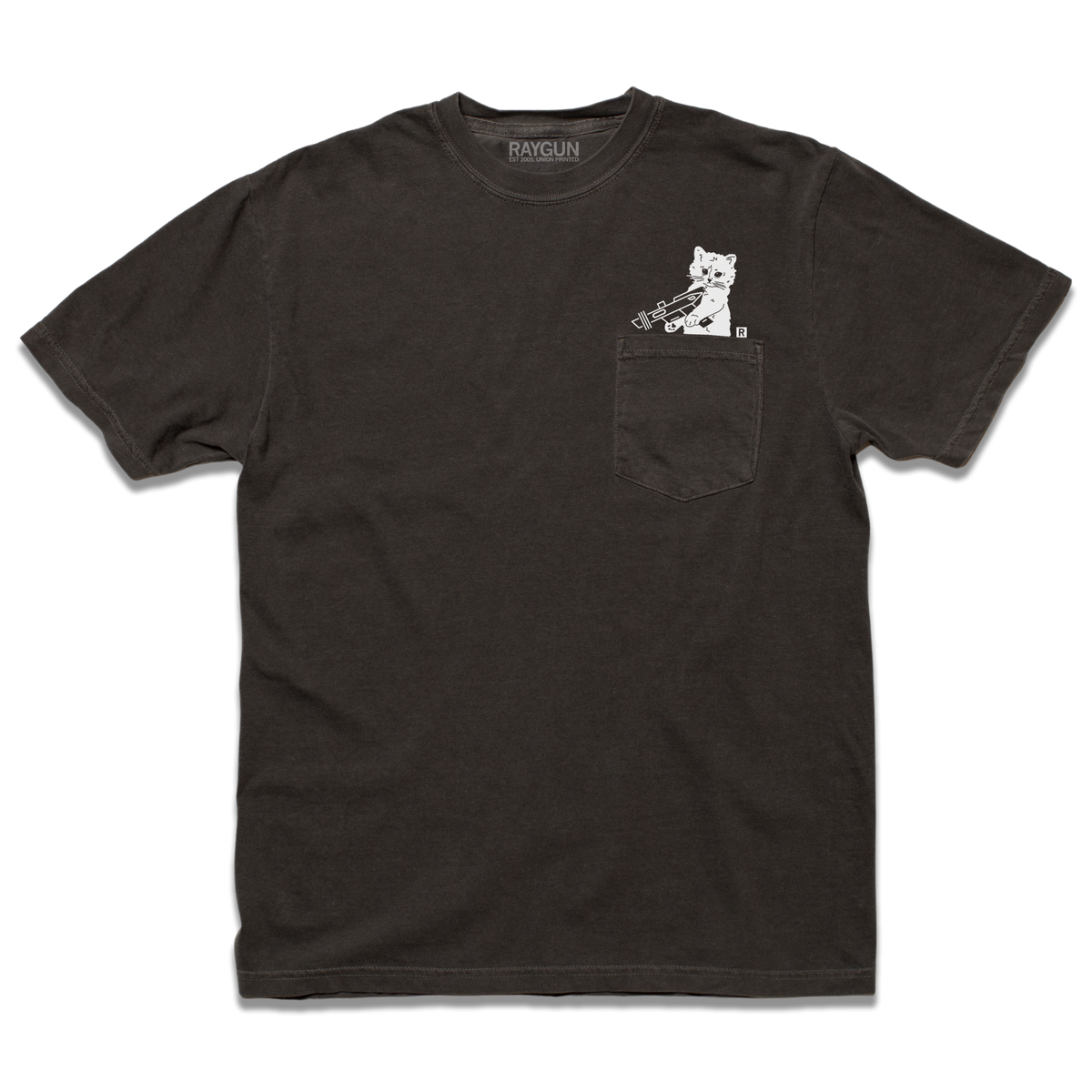 A dark grey heavyweight pocket tee featuring a small white graphic of Gary the Cat holding a trumpet above the pocket.
