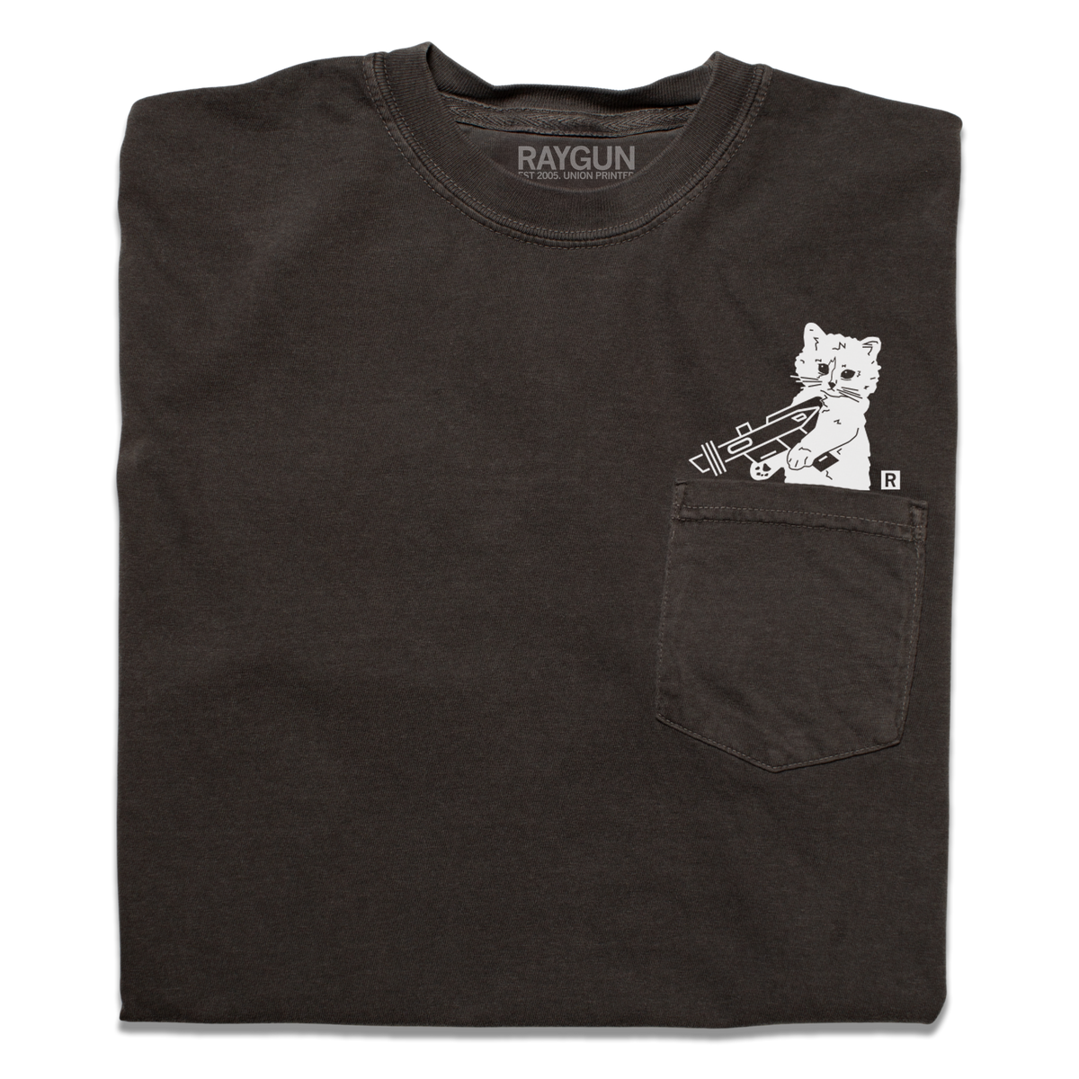 Charcoal gray heavyweight pocket tee featuring a white graphic of Gary the Cat holding a rocket.