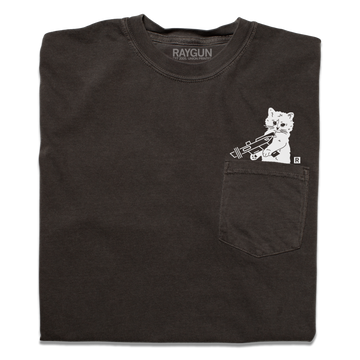 Charcoal gray heavyweight pocket tee featuring a white graphic of Gary the Cat holding a rocket.