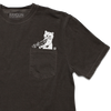 Heavyweight dark gray pocket t-shirt featuring a white line drawing of Gary the Cat holding a ray gun.