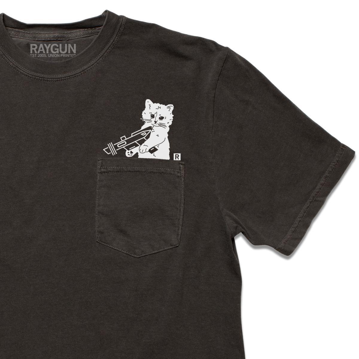 Heavyweight dark gray pocket t-shirt featuring a white line drawing of Gary the Cat holding a ray gun.