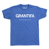 Blue union-made t-shirt featuring the word GRANTIFA in large white text and AKA: SENIOR CITIZENS AGAINST THIS BULLSHIT. below it.