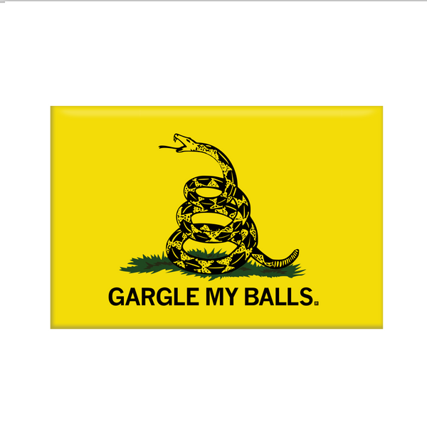 Rectangle yellow magnet styled like the don't tread on me flag but it says, 