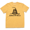 Short-sleeve Comfort Colors mustard t-shirt with black screenprint depicting the don't tread on me snake with "GARGLE MY BALLS" printed below it.