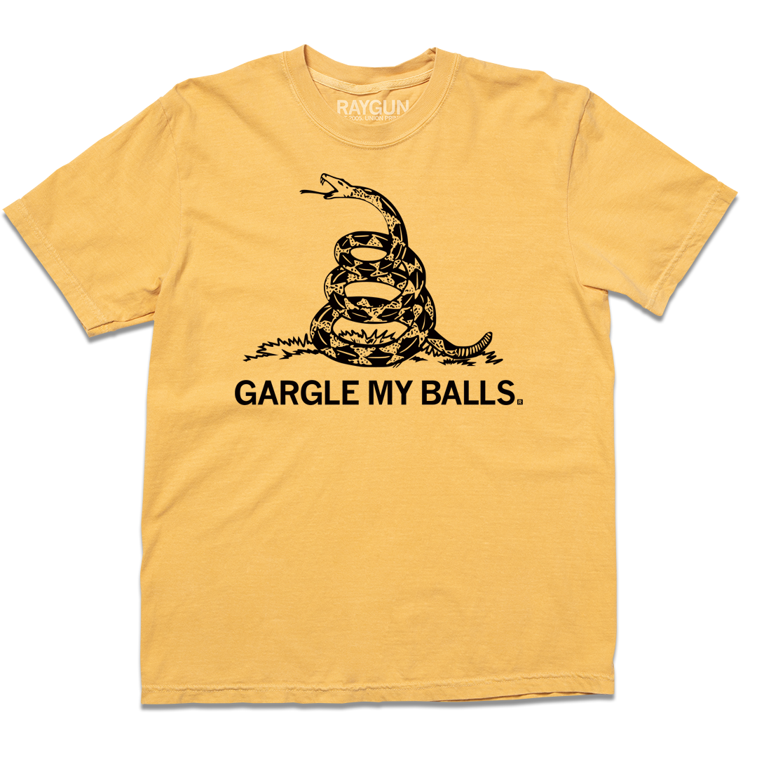 Short-sleeve Comfort Colors mustard t-shirt with black screenprint depicting the don't tread on me snake with "GARGLE MY BALLS" printed below it.