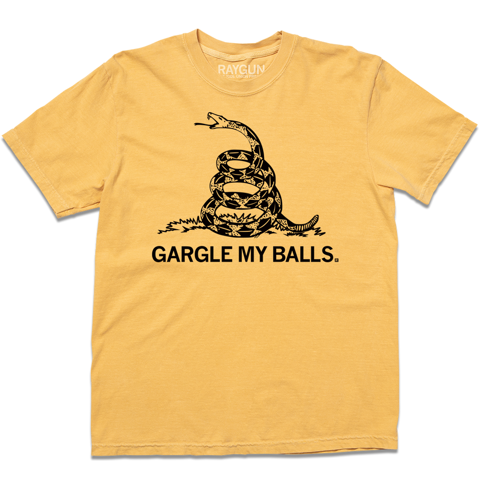 Short-sleeve Comfort Colors mustard t-shirt with black screenprint depicting the don't tread on me snake with "GARGLE MY BALLS" printed below it.