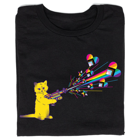 A sweatshop-free black Pride t-shirt featuring a yellow cat holding a geometric gun that shoots colorful rays and rainbow-patterned hearts.