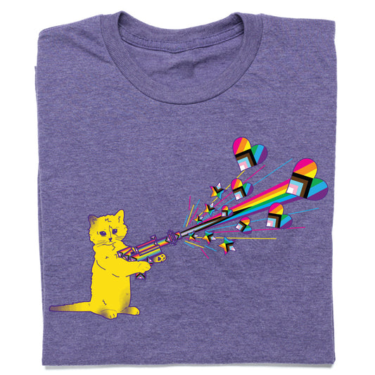 Heather purple T-shirt with a graphic of a yellow cat firing a rainbow-patterned ray gun that shoots colorful hearts and stars.