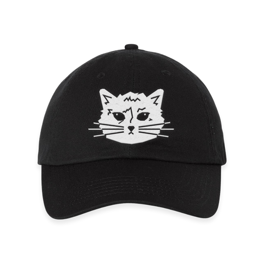 Black RAYGUN baseball cap featuring a white embroidered cat face icon on the front.