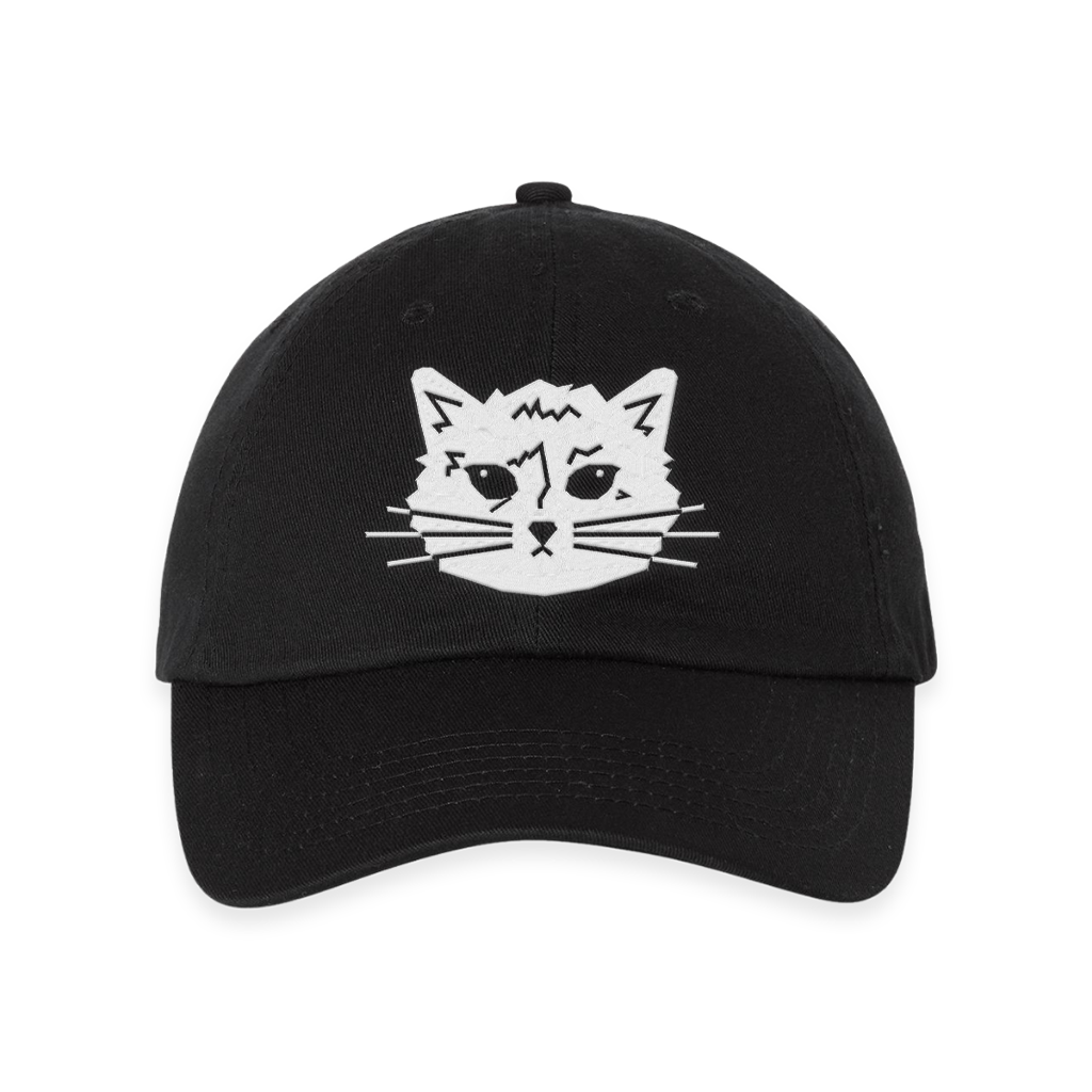 Black RAYGUN baseball cap with an embroidered white graphic of a cat face on the front.