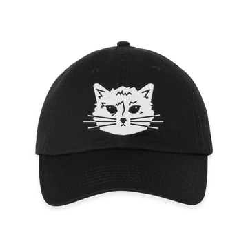 Black RAYGUN baseball cap with an embroidered white graphic of a cat face on the front.