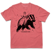 Crimson Comfort Colors heavyweight t-shirt with a black ink graphic of a cat wearing a cheese hat riding a giant badger above the text "The Badger State"