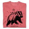 Red heavyweight t-shirt with a black ink graphic of a cat wearing a cheese hat riding a giant badger above the text "The Badger State"
