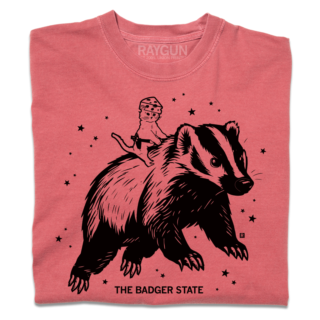 Red heavyweight t-shirt with a black ink graphic of a cat wearing a cheese hat riding a giant badger above the text "The Badger State"