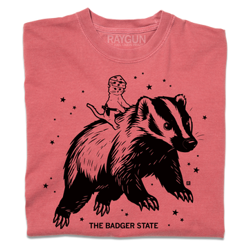 Red heavyweight t-shirt with a black ink graphic of a cat wearing a cheese hat riding a giant badger above the text "The Badger State"