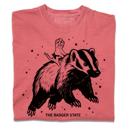 Red heavyweight t-shirt with a black ink graphic of a cat wearing a cheese hat riding a giant badger above the text "The Badger State"