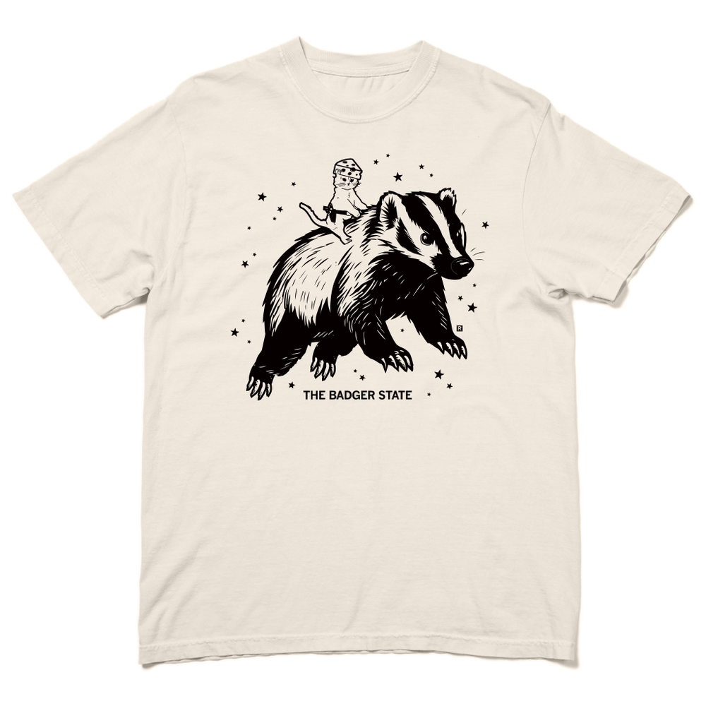 Ivory Comfort Colors heavyweight t-shirt with a black ink graphic of a cat wearing a cheese hat riding a giant badger above the text "The Badger State"