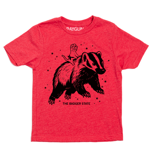 Heather red short-sleeved t-shirt with a black graphic of a badger carrying a small figure on its back, surrounded by stars and the text THE BADGER STATE.
