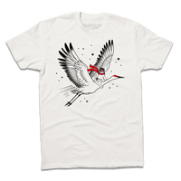 A Next Level Bone t-shirt with black and bright red ink depicting RAYGUN's cat mascot riding a giant crane through the sky while wearing a pilot helmet and a scarf.