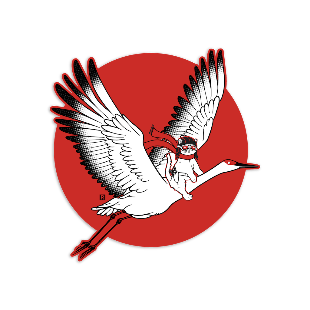 A cat wearing an aviator hat and scarf rides on the back of a flying crane set against a large red circle on this RAYGUN cat vinyl sticker.