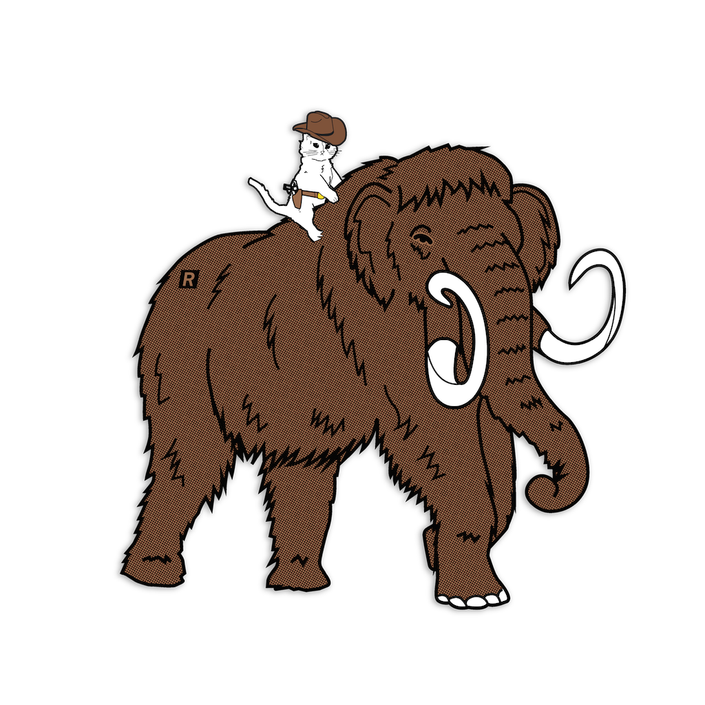 A white cat wearing a cowboy hat and belt sits on the back of a large woolly mammoth in this vinyl sticker.