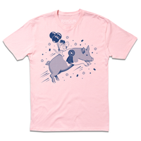 Light pink t-shirt with royal blue print depicting a hat with a cowboy hat holding cotton candy while riding a giant pig. There's also ticket stubs and bitten cookies flying by them and three balloons attached to the cat's holster.