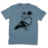 Blue Jean heavyweight t-shirt with black ink print illustrating RAYGUN's cat mascot, Gary, riding a giant pigeon.