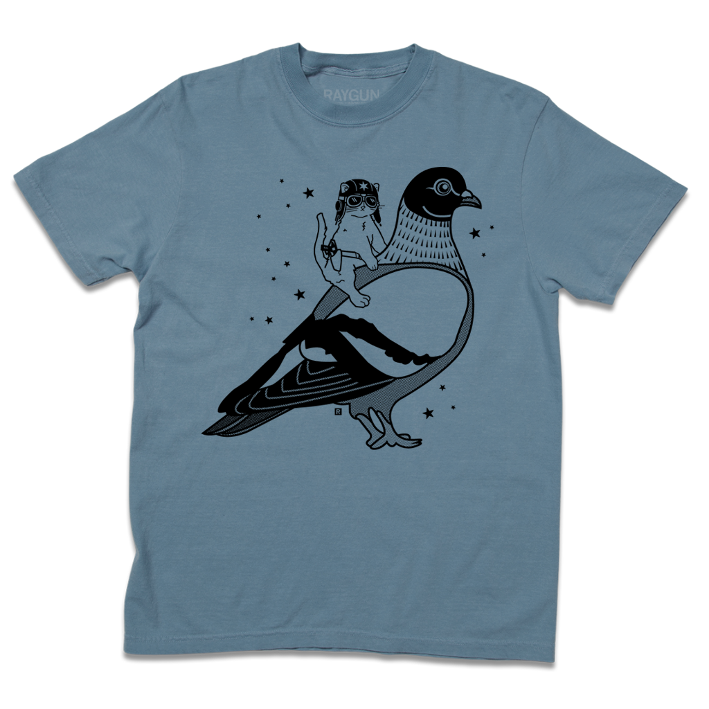 Blue Jean heavyweight t-shirt with black ink print illustrating RAYGUN's cat mascot, Gary, riding a giant pigeon.