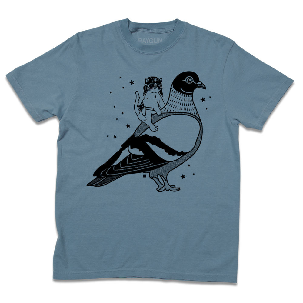 Blue Jean heavyweight t-shirt with black ink print illustrating RAYGUN's cat mascot, Gary, riding a giant pigeon.