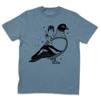 Blue Jean heavyweight t-shirt with black ink print illustrating RAYGUN's cat mascot, Gary, riding a giant pigeon.