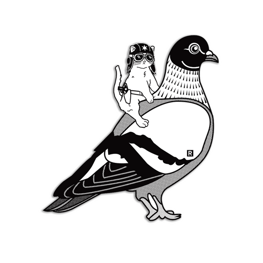 Black and white die-cut sticker of a cat riding on the back of a pigeon. The cat is wearing an old pilot's helmet and goggles with a RAYGUN holstered on his side.