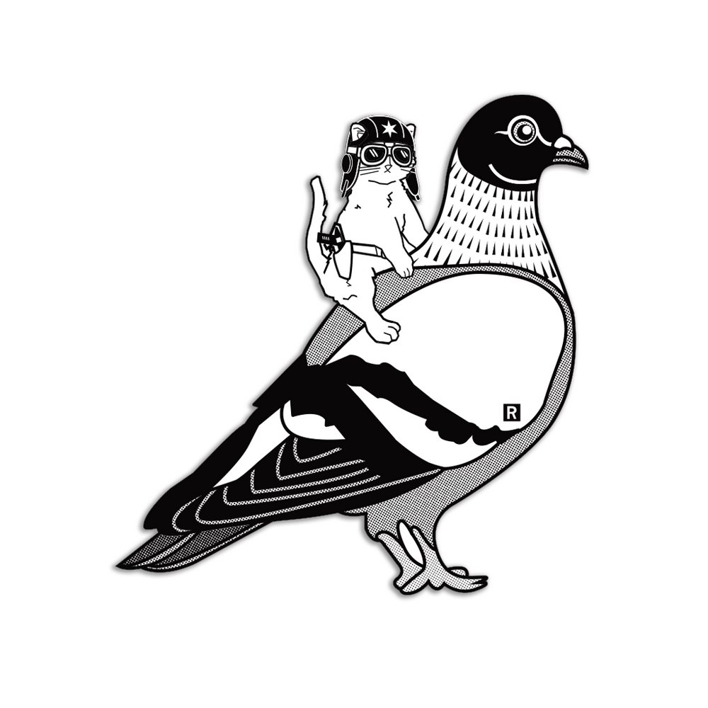 Black and white die-cut sticker of a cat riding on the back of a pigeon. The cat is wearing an old pilot's helmet and goggles with a RAYGUN holstered on his side.