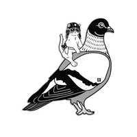 Black and white die-cut sticker of a cat riding on the back of a pigeon. The cat is wearing an old pilot's helmet and goggles with a RAYGUN holstered on his side.