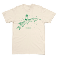 A natural t-shirt with kelly green illustration of a cat wearing a cheese hat while riding a Muskellunge fish.