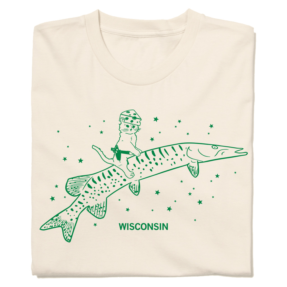 Natural t-shirt with kelly green illustration of a cat wearing a cheese hat while riding a musky fish.