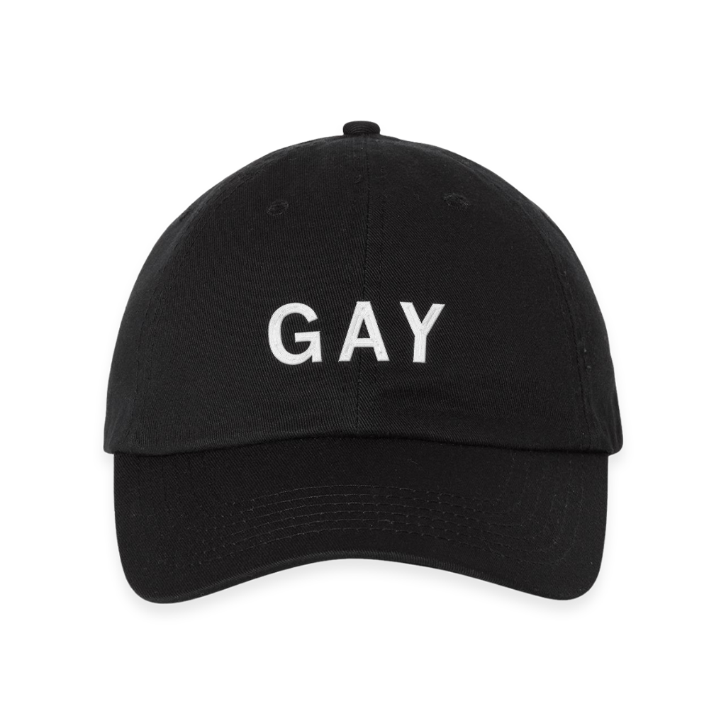 Black RAYGUN baseball cap with the word GAY embroidered in white lettering on the front.