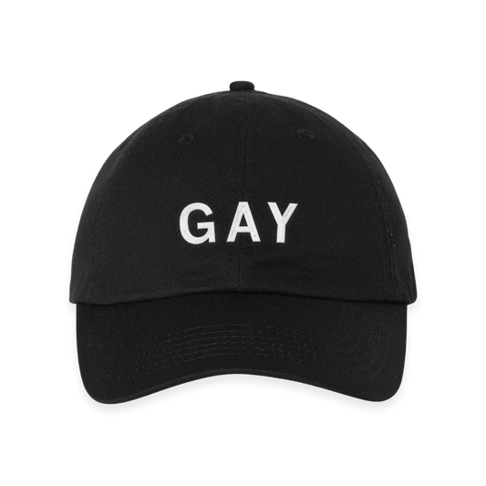Black RAYGUN baseball cap with the word GAY embroidered in white lettering on the front.