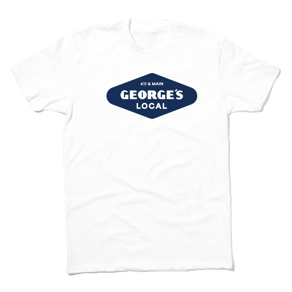 Union made white t-shirt with a blue diamond-shaped graphic reading 4th & Main Georges Local.