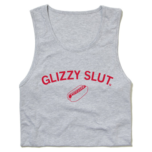 Heather gray cropped tank top featuring the red text GLIZZY SLUT and a hot dog graphic printed on the chest.