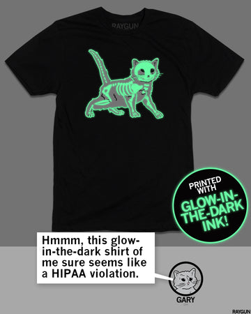 Black t-shirt featuring a glow-in-the-dark cat skeleton graphic, with a speech bubble that reads, Hmmm, this glow-in-the-dark shirt of me sure seems like a HIPAA violation, and a circular logo featuring a cat labeled GARY CFO.