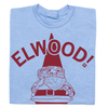 Light blue RAYGUN t-shirt featuring a maroon graphic of a concrete gnome with the word ELWOOD! printed above it.