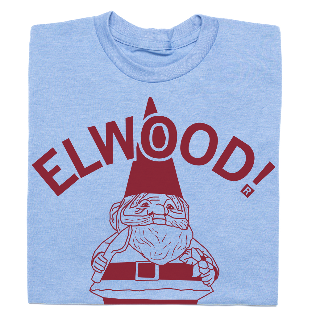 Light blue RAYGUN t-shirt featuring a maroon graphic of a concrete gnome with the word ELWOOD! printed above it.