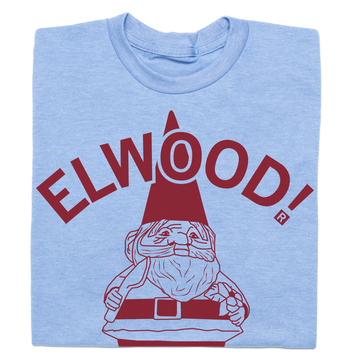 Light blue RAYGUN t-shirt featuring a maroon graphic of a concrete gnome with the word ELWOOD! printed above it.
