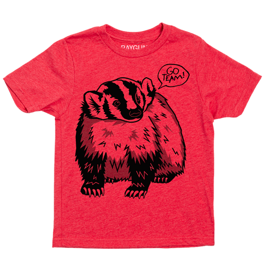 Heather red short-sleeved t-shirt featuring a black graphic of a badger with a speech bubble that says GO TEAM!.
