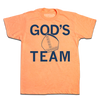 Heather cantaloupe t-shirt with navy ink that says, "God's Team" over an illustration of the pope's mitre.